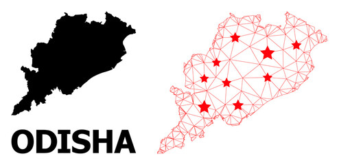 Network polygonal and solid map of Odisha State. Vector model is created from map of Odisha State with red stars. Abstract lines and stars form map of Odisha State.
