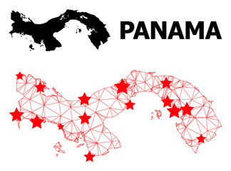 Wire frame polygonal and solid map of Panama. Vector structure is created from map of Panama with red stars. Abstract lines and stars form map of Panama.