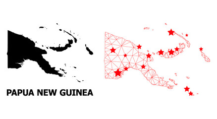 Wire frame polygonal and solid map of Papua New Guinea. Vector model is created from map of Papua New Guinea with red stars. Abstract lines and stars form map of Papua New Guinea.