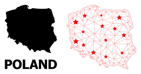Mesh polygonal and solid map of Poland. Vector structure is created from map of Poland with red stars. Abstract lines and stars form map of Poland. Wire frame 2D polygonal mesh in vector EPS format.
