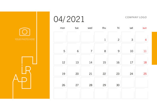 New Year 2021 Desk Calendar Planner 04 month April modern line design template orange background
