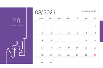 New Year 2021 Desk Calendar Planner 08 month August modern line design template purple background