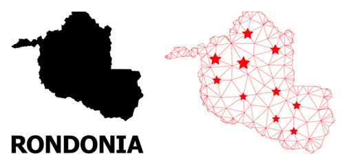 Wire frame polygonal and solid map of Rondonia State. Vector model is created from map of Rondonia State with red stars. Abstract lines and stars form map of Rondonia State.