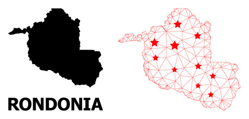 Fototapeta premium Wire frame polygonal and solid map of Rondonia State. Vector model is created from map of Rondonia State with red stars. Abstract lines and stars form map of Rondonia State.