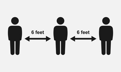 6 feet social distancing black and white vector icon.