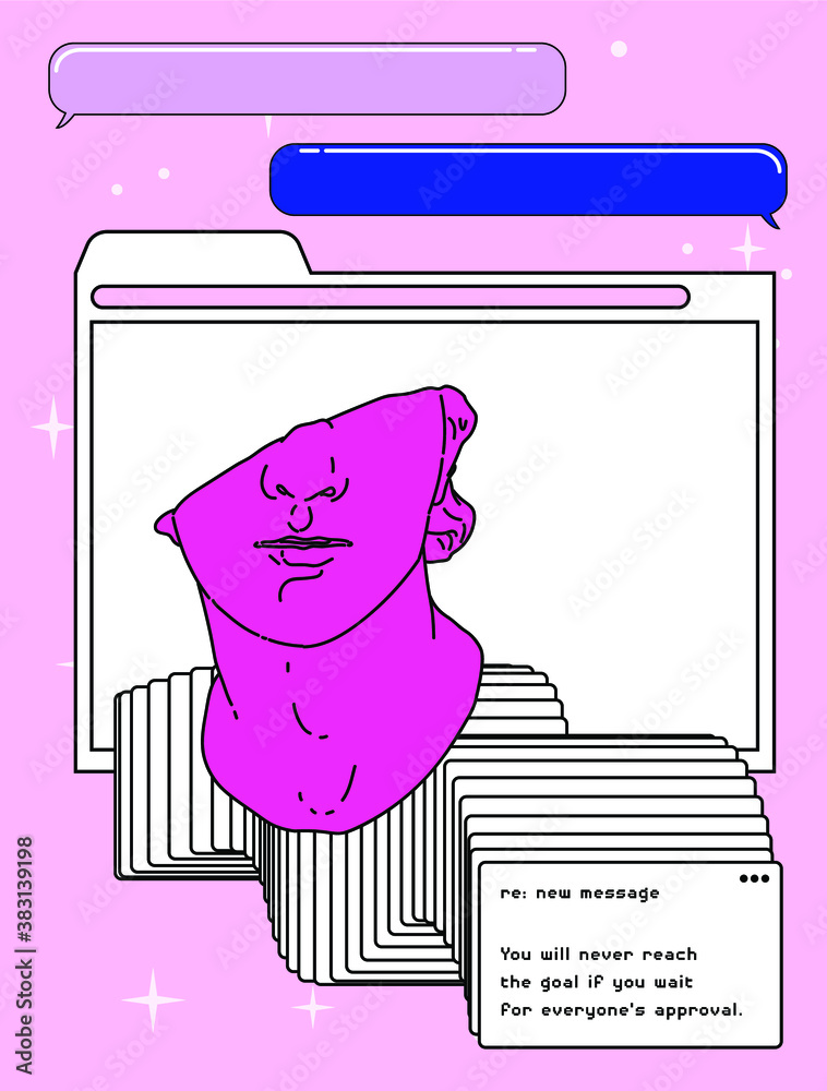 Aufkleber surreal retrofuturistic vector illustration of user interface with roman antique statue in cartoon a
