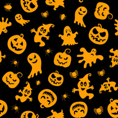 Seamless vector pattern for Halloween design. Halloween symbols: ghost, spider, pumpkin in cartoon style. Vector Illustration..
