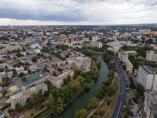Aerial view of the panorama of the river and the city of Kharkov