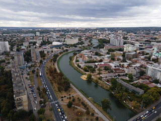 Fototapeta na wymiar Aerial view of the panorama of the river and the city of Kharkov