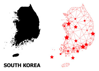 Carcass polygonal and solid map of South Korea. Vector structure is created from map of South Korea with red stars. Abstract lines and stars are combined into map of South Korea.