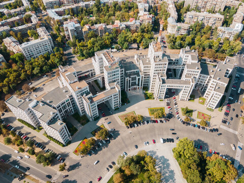Aerial view of Derzhprom building on freedom square in kharkov