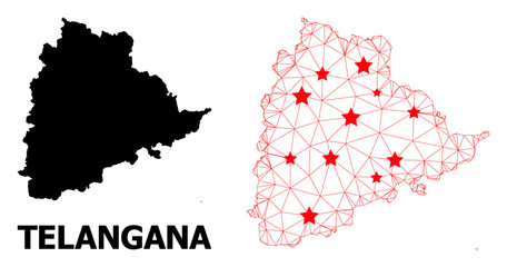 Wire frame polygonal and solid map of Telangana State. Vector model is created from map of Telangana State with red stars. Abstract lines and stars form map of Telangana State.