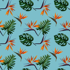 Seamless tropical pattern with  strelitzia with leaves on light blue  background. Seamless pattern with colorful leaves of colocasia, filodendron, monstera. Exotic wallpaper. Hawaiian style. © Olena