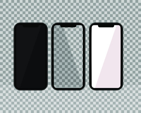 Realistic smartphone with a blank screen on a transparent background. Isolated cell phone layout. White and black. Vector illustration