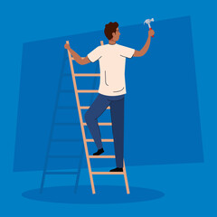 woman cartoon with construction hammer on ladder design of remodeling working and repairing theme Vector illustration