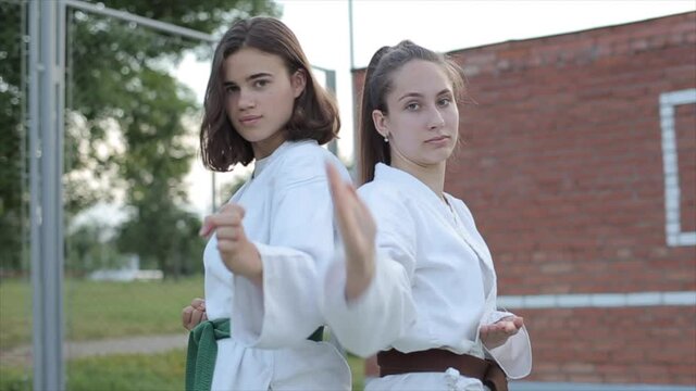 Two athletes women demonstrate a basic karate stance standing with their backs to each other. Front view. Close-up. The camera zooms in. Slow motion