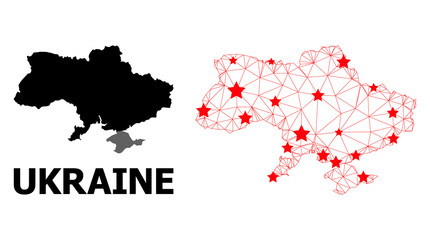 Mesh polygonal and solid map of Ukraine. Vector structure is created from map of Ukraine with red stars. Abstract lines and stars form map of Ukraine. Wire frame 2D polygonal network in vector format.