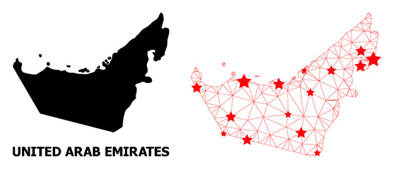 Wire frame polygonal and solid map of United Arab Emirates. Vector structure is created from map of United Arab Emirates with red stars.