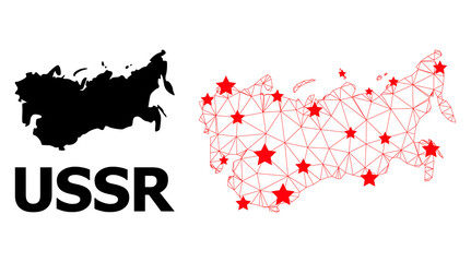 Wire frame polygonal and solid map of USSR. Vector structure is created from map of USSR with red stars. Abstract lines and stars are combined into map of USSR.