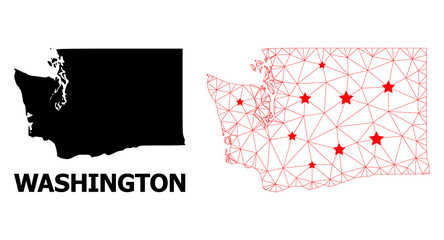 Wire frame polygonal and solid map of Washington State. Vector structure is created from map of Washington State with red stars. Abstract lines and stars form map of Washington State.