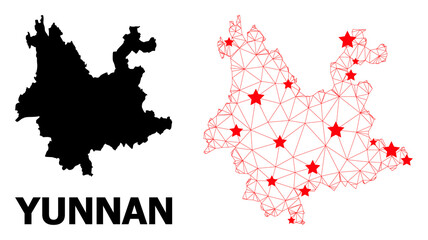 Carcass polygonal and solid map of Yunnan Province. Vector structure is created from map of Yunnan Province with red stars. Abstract lines and stars form map of Yunnan Province.