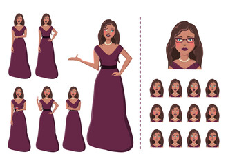Young Latin woman with brunette hair in night gown. Different gestures isolated vector illustration with twelve facial expressions.