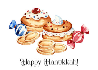 Jewish holiday Hanukkah banner design with traditional elements and bakery. Jewish hanukkah holiday. Happy Hanukkah greeting card template. 