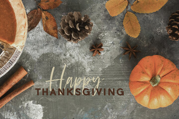 Happy Thanksgiving greeting background with fall season decoration elements for holiday graphic flat lay.