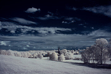 infrared photography - ir photo of landscape with tree under sky with clouds - the art of our world and plants in the infrared camera spectrum