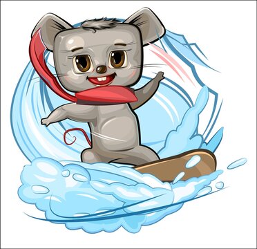 Mouse on a snowboard. Winter and snow. Cartoon childrens style postcard. A young baby animal goes in for sports. Vector. A cute baby. The isolated object on a white background.