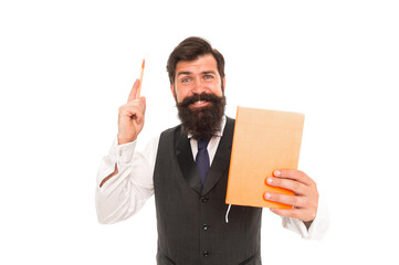 Inspired bearded man hold school book raising writing pen isolated on white, inspiration for...