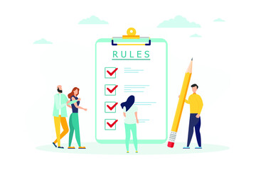 Rules vector illustration. Flat tiny regulations checklist persons concept. Restricted graphic writing with law information. Society control guidelines and strategy for company order and restrictions.