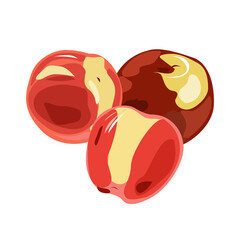 Three ripe red sweet peaches on white