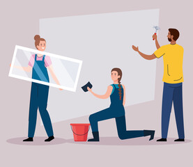 man and women with construction hammer window sponge and bucket design of remodeling working and repairing theme Vector illustration