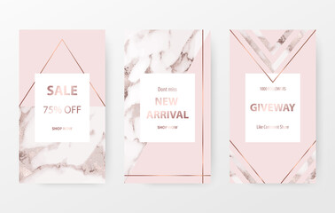 Elegant marble story templates with rose gold foil texture and geometric elements.