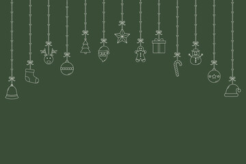 Fototapeta na wymiar Christmas ornament. Xmas icons on green background with copyspace. Vector