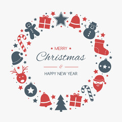 Christmas wreath made of holiday elements with greetings. Xmas decoration. Vector