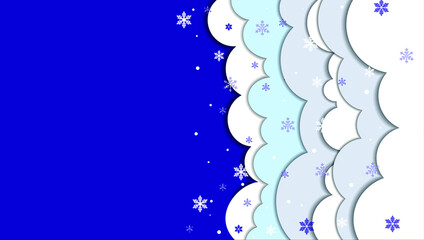 Paper cutout Christmas snowflakes. Darck blue background. Сolorful clouds. Place for text. Vector abstract cloudy sky banner. Paper cut white to blue clouds. Sky background with text placeholder.