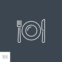 Plate, Fork and Knife Icon. Plate, Fork and Knife Related Vector Line Icon. Isolated on Black Background. Editable Stroke.
