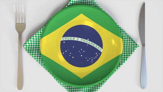 Top-down view of the plate with flag of Brazil, national cuisine conceptual animation