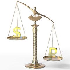 Dollar USD sign weighs less than Ruble symbol on golden balance scales, 3d rendering