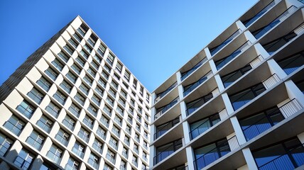 Estate property and condo architecture. Fragment of modern residential flat with apartment building exterior. Detail of new luxury home complex. 