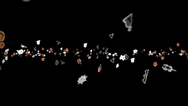Flying many Halloween monsters on black background. Paper art, Pumpkins, Bats, Spiders, Ghosts, Tombs. 3D animation of Halloween party. Loop animation.