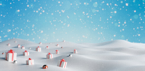 Winter Holidays background with a Gifts, snow and snowflakes 3d render 3d illustration