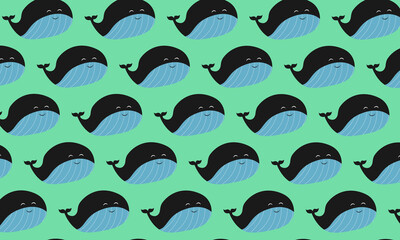 Vector doodle backdrop with whales. Doodle illustration of whales in seamless pattern.