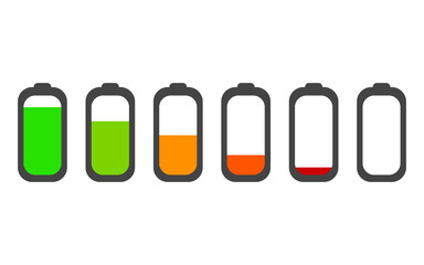 Battery charge indicator green icons set. Battery different charging levels form low to high vector collection