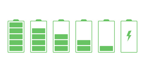 Battery charge indicator green icons set for UI design. Battery different charging levels form low to high collection