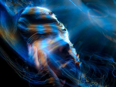 lightpainting portrait, new art direction, long exposure photo without photoshop, light drawing at long exposure