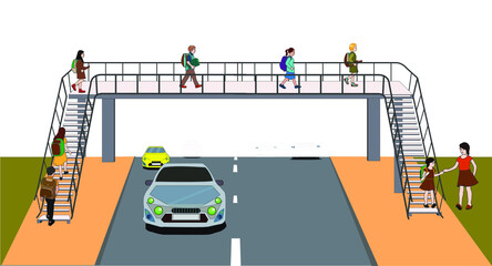 footbridge, overpass, children using pedestrian crossing. underpass. traffic education. traffic rules for children. Traffic signs. bridge