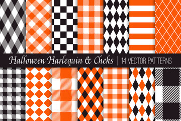 Halloween Orange, Black and White Harlequin, Checkerboard and Gingham Plaid Vector Patterns. Repeating Pattern Swatches Included.